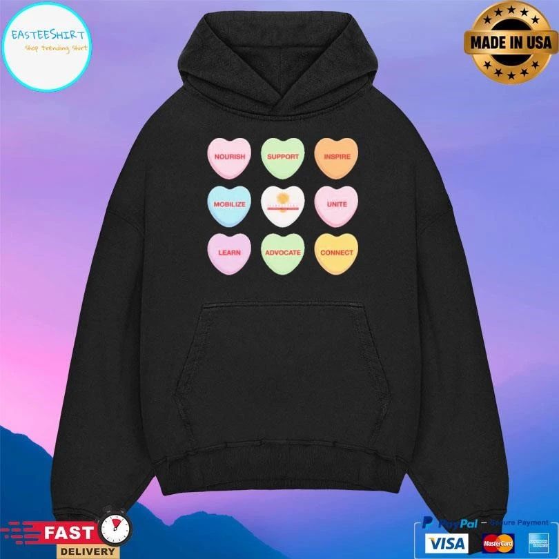 Conversation Hearts Nourish Support Inspire Mobilize Unite Learn Advocate Connect T-shirts