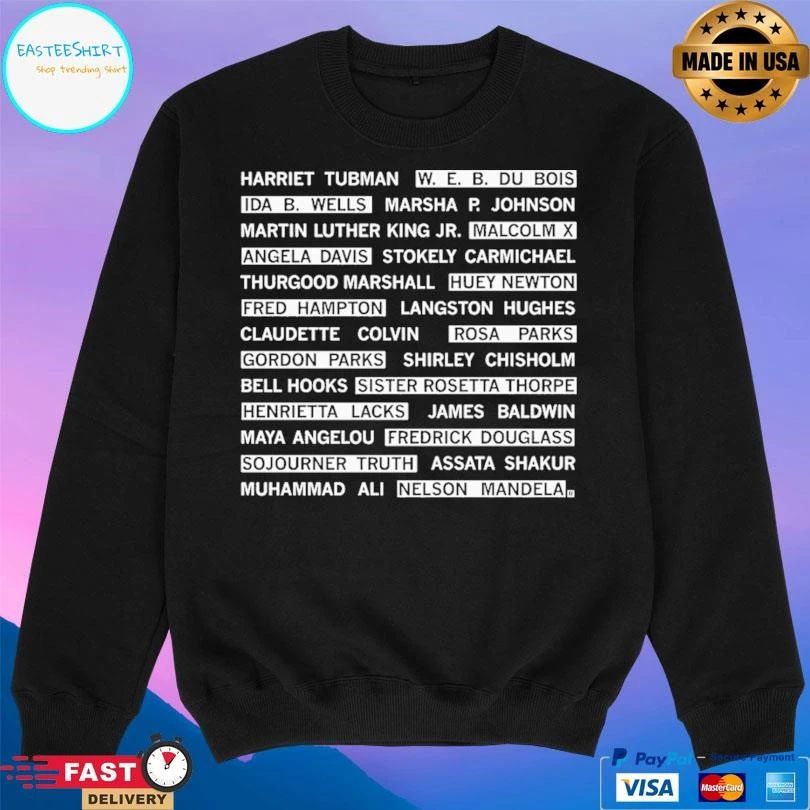 Harriet Tubman W. E. B. Du Bois Ida B. Wells Marsha P. Johnson Martin Luther King Jr. Malcolm X Angela Davis Stokely Carmichael T-shirts