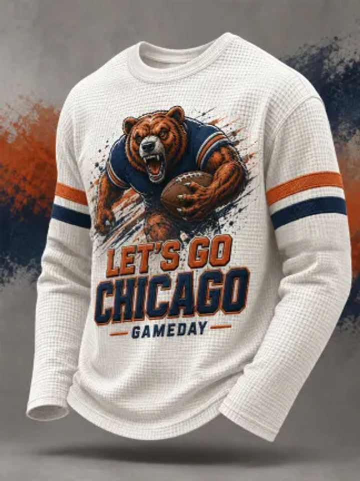 Men's Chicago Football Gameday Casual Waffle Long Sleeve Sweatshirt, Football Fan Apparel