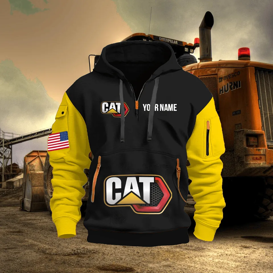 Caterpillar Personalized Name Black Quarter Zipper Hoodie